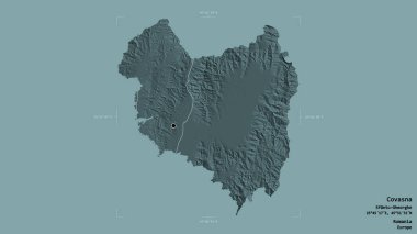 Romanya 'nın Covasna ilçesi, jeoreferatlı bir sınır kutusunun sağlam bir arka planında izole edilmiş. Etiketler. Renkli yükseklik haritası. 3B görüntüleme