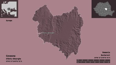 Romanya 'nın Covasna ilçesi ve başkenti. Uzaklık ölçeği, ön gösterimler ve etiketler. Renkli yükseklik haritası. 3B görüntüleme