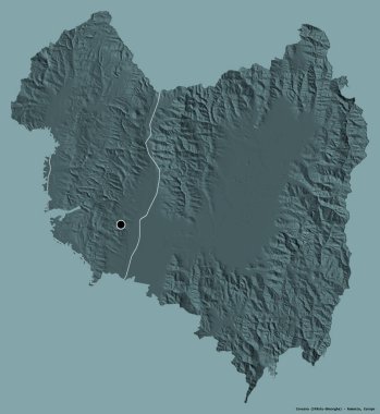 Romanya 'nın Covasna ilçesi, başkenti katı renk arka planına izole edilmiş durumda. Renkli yükseklik haritası. 3B görüntüleme
