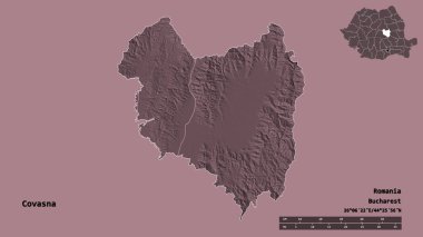 Romanya 'nın Covasna ilçesinin başkenti sağlam bir zemin üzerinde izole edilmiştir. Uzaklık ölçeği, bölge önizlemesi ve etiketleri. Renkli yükseklik haritası. 3B görüntüleme