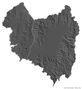 Romanya 'nın Covasna ilçesi, başkenti beyaz arka planda izole edilmiş. Çift seviyeli yükseklik haritası. 3B görüntüleme