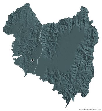Romanya 'nın Covasna ilçesi, başkenti beyaz arka planda izole edilmiş. Renkli yükseklik haritası. 3B görüntüleme