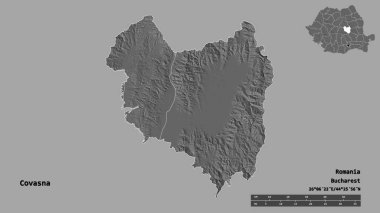 Romanya 'nın Covasna ilçesinin başkenti sağlam bir zemin üzerinde izole edilmiştir. Uzaklık ölçeği, bölge önizlemesi ve etiketleri. Çift seviyeli yükseklik haritası. 3B görüntüleme