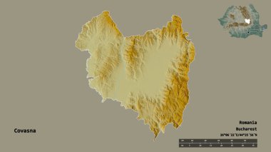Romanya 'nın Covasna ilçesinin başkenti sağlam bir zemin üzerinde izole edilmiştir. Uzaklık ölçeği, bölge önizlemesi ve etiketleri. Topografik yardım haritası. 3B görüntüleme