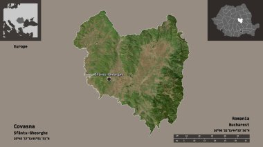 Romanya 'nın Covasna ilçesi ve başkenti. Uzaklık ölçeği, ön gösterimler ve etiketler. Uydu görüntüleri. 3B görüntüleme