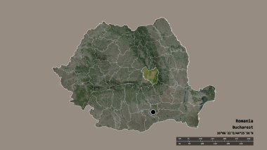 Romanya 'nın başkenti, ana bölgesel bölünmesi ve bölünmüş Covasna alanıyla deforme olmuş hali. Etiketler. Uydu görüntüleri. 3B görüntüleme