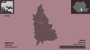 Dambovita Şekli, Romanya Bölgesi ve başkenti. Uzaklık ölçeği, ön gösterimler ve etiketler. Renkli yükseklik haritası. 3B görüntüleme