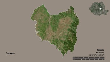 Romanya 'nın Covasna ilçesinin başkenti sağlam bir zemin üzerinde izole edilmiştir. Uzaklık ölçeği, bölge önizlemesi ve etiketleri. Uydu görüntüleri. 3B görüntüleme