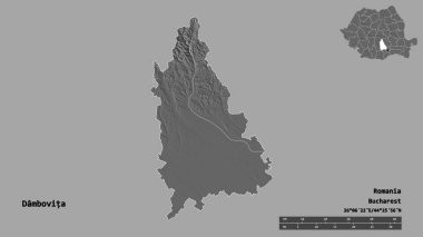 Romanya 'nın Dambovita ilçesi, başkenti sağlam bir zemin üzerinde izole edilmiş. Uzaklık ölçeği, bölge önizlemesi ve etiketleri. Çift seviyeli yükseklik haritası. 3B görüntüleme
