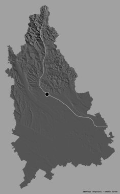 Romanya 'nın Dambovita ilçesi, başkenti katı renk arka planına izole edilmiş. Çift seviyeli yükseklik haritası. 3B görüntüleme