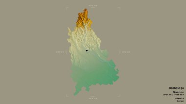 Romanya 'nın Dambovita ilçesi, jeoreferatlı bir sınır kutusunun sağlam bir arka planında izole edilmiş. Etiketler. Topografik yardım haritası. 3B görüntüleme