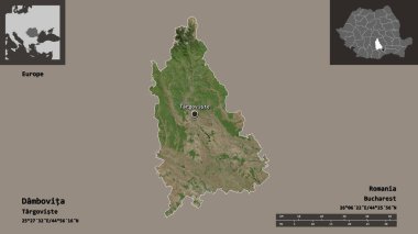 Dambovita Şekli, Romanya Bölgesi ve başkenti. Uzaklık ölçeği, ön gösterimler ve etiketler. Uydu görüntüleri. 3B görüntüleme