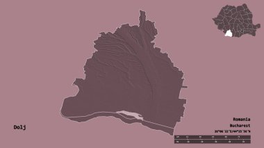 Romanya 'nın Dolj ilçesi, başkenti sağlam bir zemin üzerinde izole edilmiş durumda. Uzaklık ölçeği, bölge önizlemesi ve etiketleri. Renkli yükseklik haritası. 3B görüntüleme