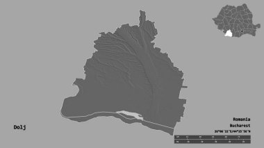 Romanya 'nın Dolj ilçesi, başkenti sağlam bir zemin üzerinde izole edilmiş durumda. Uzaklık ölçeği, bölge önizlemesi ve etiketleri. Çift seviyeli yükseklik haritası. 3B görüntüleme