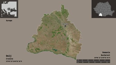 Romanya 'nın Dolj ilçesi ve başkenti. Uzaklık ölçeği, ön gösterimler ve etiketler. Uydu görüntüleri. 3B görüntüleme