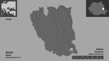 Romanya 'nın Galati ilçesi ve başkenti. Uzaklık ölçeği, ön gösterimler ve etiketler. Çift seviyeli yükseklik haritası. 3B görüntüleme