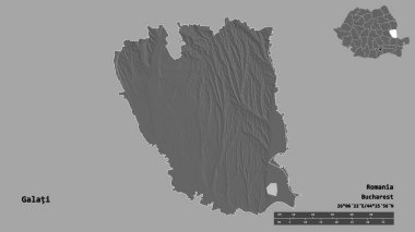 Romanya 'nın Galati ilçesinin başkenti sağlam bir zemin üzerinde izole edilmiştir. Uzaklık ölçeği, bölge önizlemesi ve etiketleri. Çift seviyeli yükseklik haritası. 3B görüntüleme