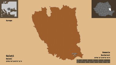 Romanya 'nın Galati ilçesi ve başkenti. Uzaklık ölçeği, ön gösterimler ve etiketler. Düzenli desenli dokuların bileşimi. 3B görüntüleme