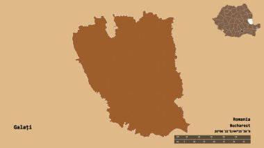 Romanya 'nın Galati ilçesinin başkenti sağlam bir zemin üzerinde izole edilmiştir. Uzaklık ölçeği, bölge önizlemesi ve etiketleri. Düzenli desenli dokuların bileşimi. 3B görüntüleme