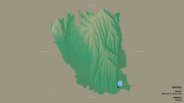 Romanya 'nın Galati ilçesi, jeoreferatlı bir sınır kutusunun sağlam bir arka planında izole edilmiş. Etiketler. Topografik yardım haritası. 3B görüntüleme