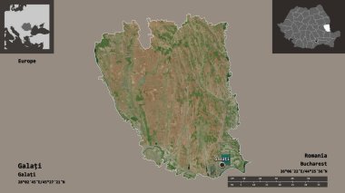 Romanya 'nın Galati ilçesi ve başkenti. Uzaklık ölçeği, ön gösterimler ve etiketler. Uydu görüntüleri. 3B görüntüleme