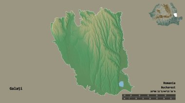 Romanya 'nın Galati ilçesinin başkenti sağlam bir zemin üzerinde izole edilmiştir. Uzaklık ölçeği, bölge önizlemesi ve etiketleri. Topografik yardım haritası. 3B görüntüleme