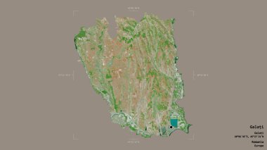 Romanya 'nın Galati ilçesi, jeoreferatlı bir sınır kutusunun sağlam bir arka planında izole edilmiş. Etiketler. Uydu görüntüleri. 3B görüntüleme