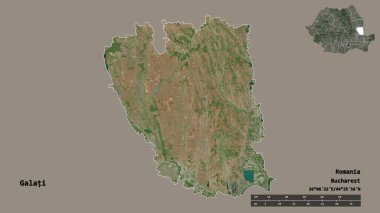 Romanya 'nın Galati ilçesinin başkenti sağlam bir zemin üzerinde izole edilmiştir. Uzaklık ölçeği, bölge önizlemesi ve etiketleri. Uydu görüntüleri. 3B görüntüleme