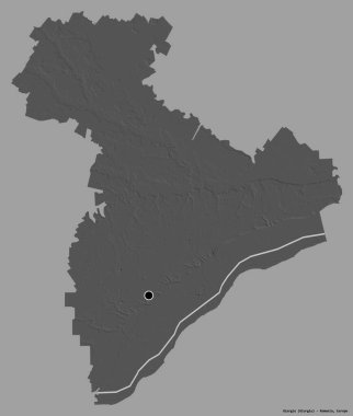Romanya 'nın Giurgiu ilçesi, başkenti katı renk arka planına izole edilmiş durumda. Çift seviyeli yükseklik haritası. 3B görüntüleme