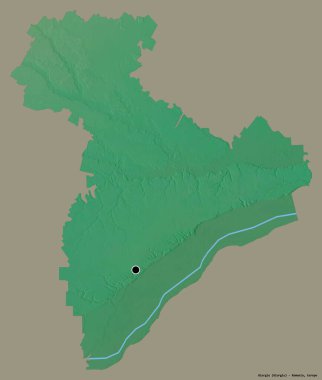 Romanya 'nın Giurgiu ilçesi, başkenti katı renk arka planına izole edilmiş durumda. Topografik yardım haritası. 3B görüntüleme