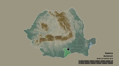 Romanya 'nın sermayesi, ana bölgesel bölünmesi ve ayrılan Giurgiu bölgesiyle deforme olmuş hali. Etiketler. Topografik yardım haritası. 3B görüntüleme
