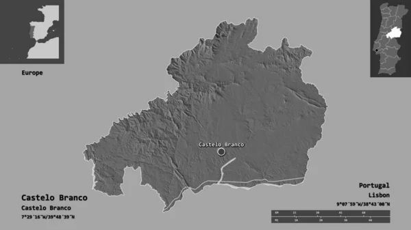 カステロ ブランコの形 ポルトガルの地区 およびその首都 距離スケール プレビューおよびラベル 標高マップ 3Dレンダリング — ストック写真