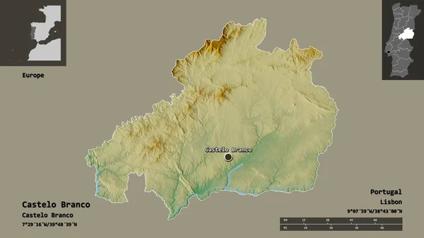 カステロ ブランコの形 ポルトガルの地区 およびその首都 距離スケール プレビューおよびラベル 地形図 3Dレンダリング — ストック写真