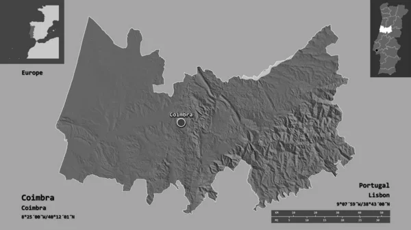 葡萄牙科英布拉区及其首府的形状 距离刻度 预览和标签 Bilevel高程图 3D渲染 — 图库照片