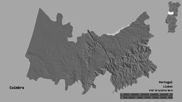 葡萄牙科英布拉区的形状 其首都在坚实的背景下与世隔绝 距离尺度 区域预览和标签 Bilevel高程图 3D渲染 — 图库照片