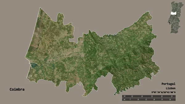 葡萄牙科英布拉区的形状 其首都在坚实的背景下与世隔绝 距离尺度 区域预览和标签 卫星图像 3D渲染 — 图库照片