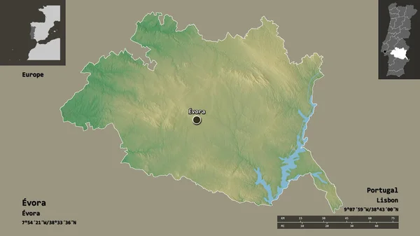 エヴォラの形 ポルトガルの地区 およびその首都 距離スケール プレビューおよびラベル 地形図 3Dレンダリング — ストック写真