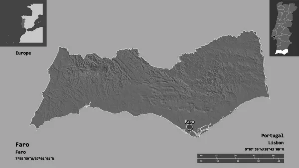 葡萄牙法罗地区的形状及其首都 距离刻度 预览和标签 Bilevel高程图 3D渲染 — 图库照片
