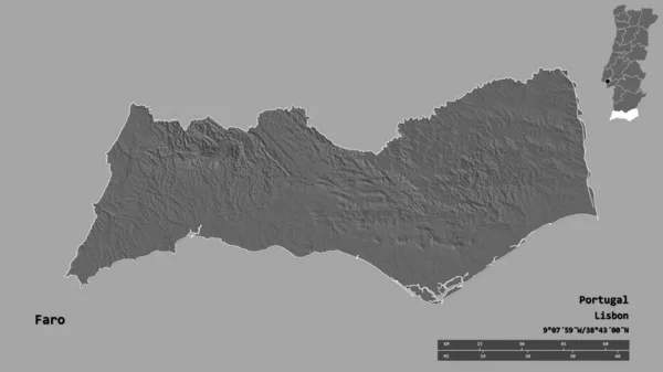 ポルトガルの地区ファロの形で その首都はしっかりとした背景に隔離されています 距離スケール リージョンプレビュー およびラベル 標高マップ 3Dレンダリング — ストック写真