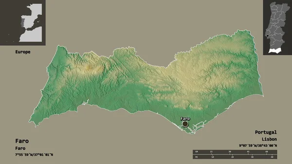 ファロの形 ポルトガルの地区 およびその首都 距離スケール プレビューおよびラベル 地形図 3Dレンダリング — ストック写真
