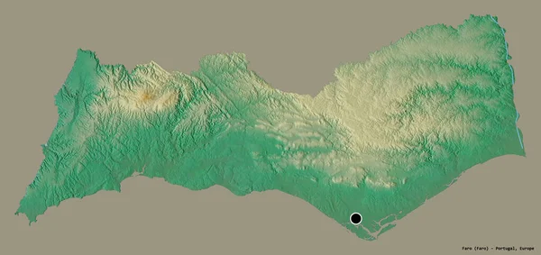 ポルトガルの地区ファロの形で その首都はしっかりとした色の背景に隔離されています 地形図 3Dレンダリング — ストック写真