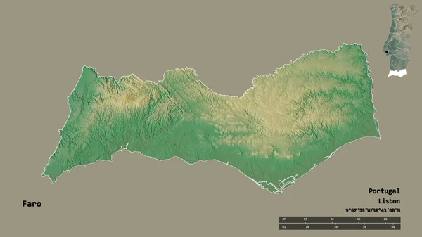 ポルトガルの地区ファロの形で その首都はしっかりとした背景に隔離されています 距離スケール リージョンプレビュー およびラベル 地形図 3Dレンダリング — ストック写真