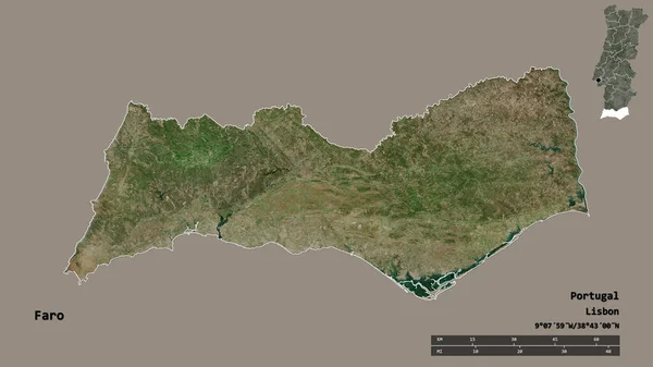 葡萄牙法罗地区的形状 其首都在坚实的背景下与世隔绝 距离尺度 区域预览和标签 卫星图像 3D渲染 — 图库照片
