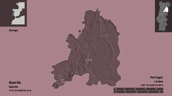 ガルダの形 ポルトガルの地区 その首都 距離スケール プレビューおよびラベル 色の標高マップ 3Dレンダリング — ストック写真