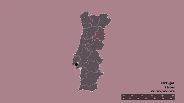 主要な地域部門と分離されたガルダ地域とポルトガルの荒廃した形 ラベル 色の標高マップ 3Dレンダリング — ストック写真