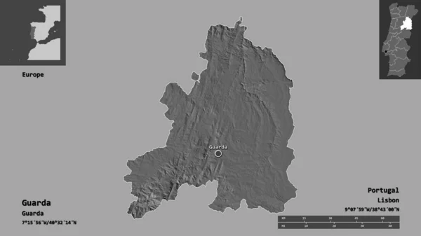 葡萄牙瓜尔达区的形状及其首都 距离刻度 预览和标签 Bilevel高程图 3D渲染 — 图库照片