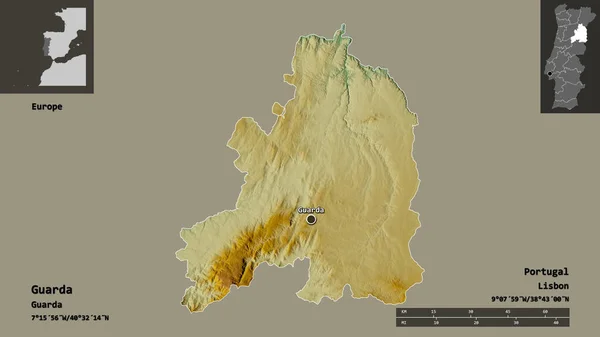ガルダの形 ポルトガルの地区 その首都 距離スケール プレビューおよびラベル 地形図 3Dレンダリング — ストック写真