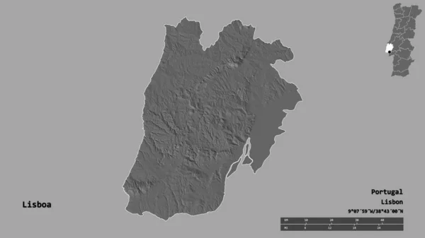 葡萄牙地区Lisboa的形状 其首都在坚实的背景下与世隔绝 距离尺度 区域预览和标签 Bilevel高程图 3D渲染 — 图库照片