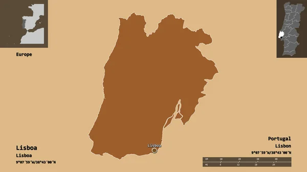 リスボンの形状 ポルトガルの地区 およびその首都 距離スケール プレビューおよびラベル 規則的にパターン化されたテクスチャの構成 3Dレンダリング — ストック写真