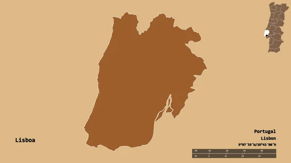 ポルトガルの首都リスボンの形状は しっかりとした背景に隔離されています 距離スケール リージョンプレビュー およびラベル 規則的にパターン化されたテクスチャの構成 3Dレンダリング — ストック写真